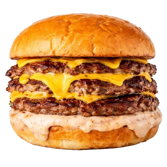 Saftiger Smash Burger mit smashed Rindfleisch, geschmolzenem Cheddar, karamellisierten Zwiebeln, Gewürzgurken und hausgemachter Sauce. Kräftig, saftig und besonders beliebt.