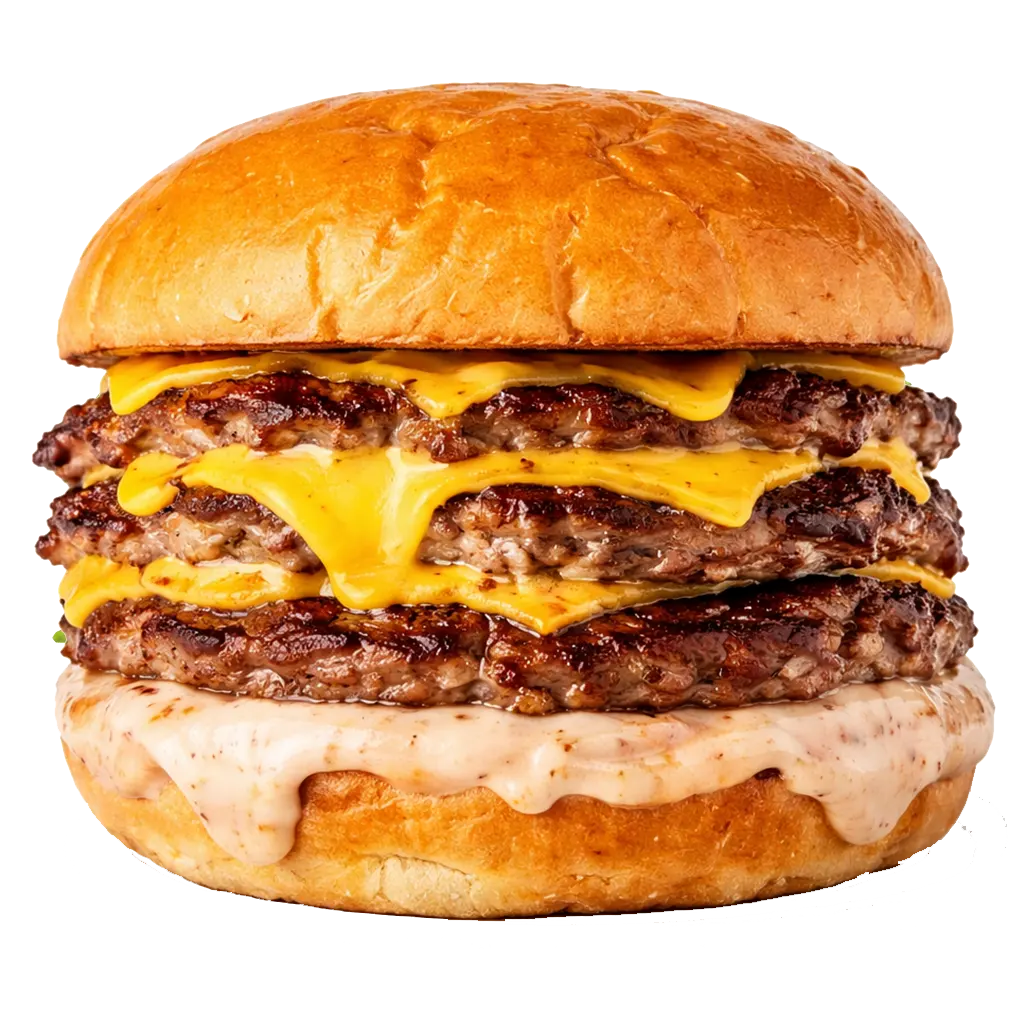 Saftiger Smash Burger mit smashed Rindfleisch, geschmolzenem Cheddar, karamellisierten Zwiebeln, Gewürzgurken und hausgemachter Sauce. Kräftig, saftig und besonders beliebt.